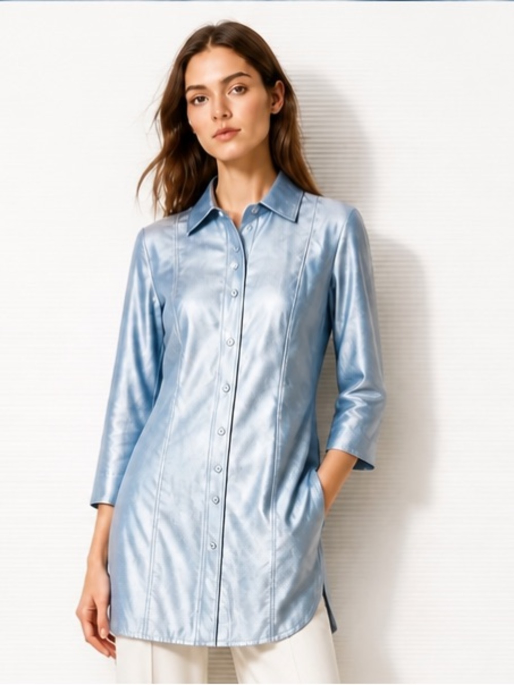 WORTH New York Blue Linen Blend Tunic Blouse Shirt Jacket Lustrous Sheen 8